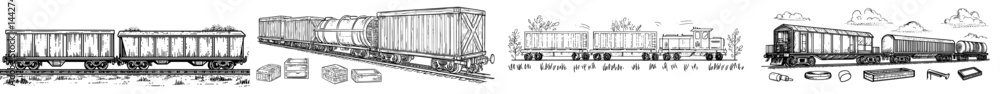 Modern isolated set of cargo locomotive, freight railway train, and coal transportation wagon for heavy goods transport and cargo logistic concept