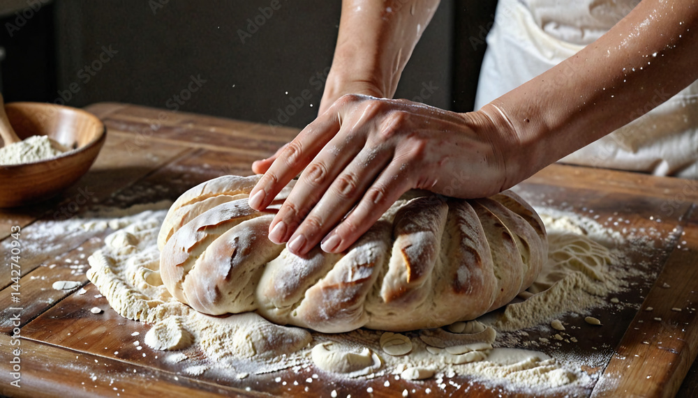 Hands Kneading Dough on a Floured Surface