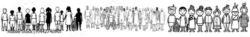 A varied group of individuals with disabilities and prosthetic limbs are depicted in a modern cartoon illustration, showcasing inclusivity and empowerment through their diverse poses and mobility
