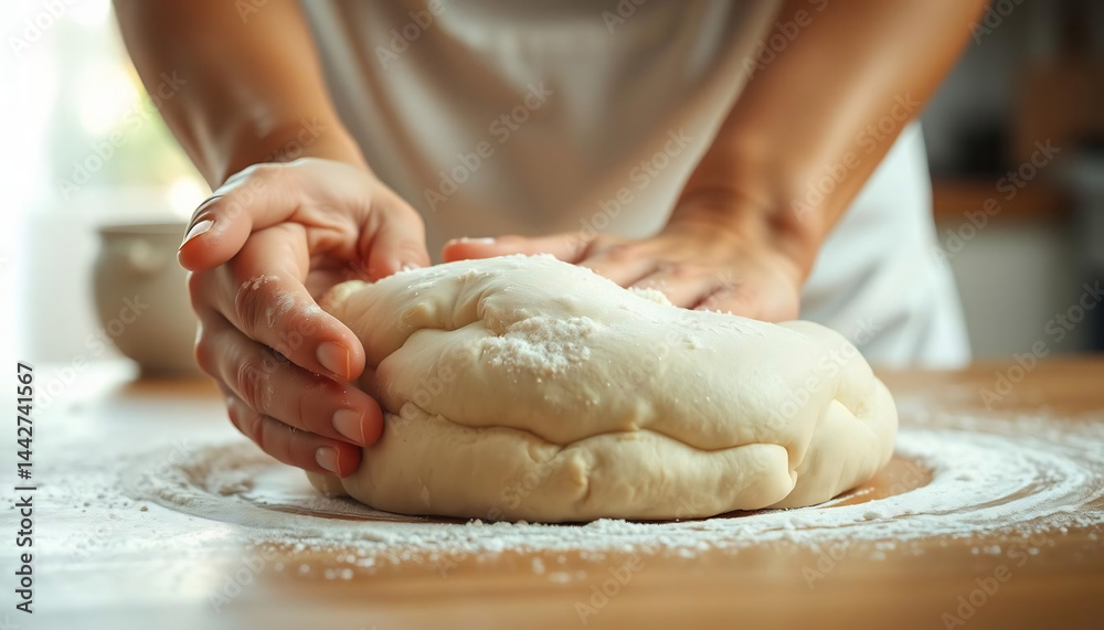 Hands Kneading Dough on a Floured Surface