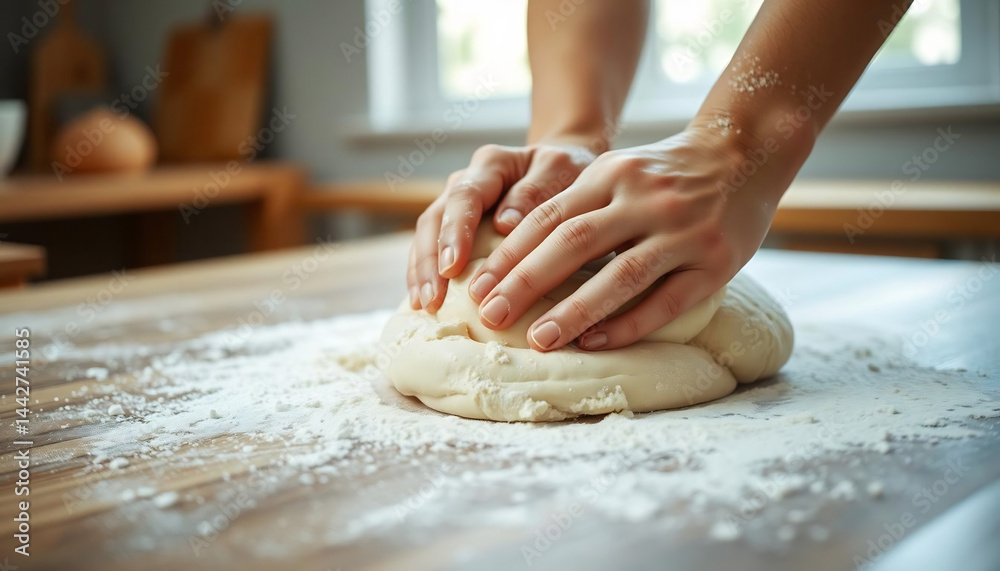 Hands Kneading Dough on a Floured Surface