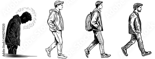 A person walking is shown in side profile as a silhouette on a white background