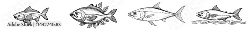 The tuna fish appears as a black silhouette with sharp fins and tail