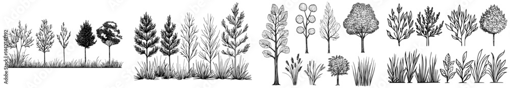 A compilation of dark outlines showcasing diverse trees, foliage, and flora, ideal for designs and artwork centered around nature