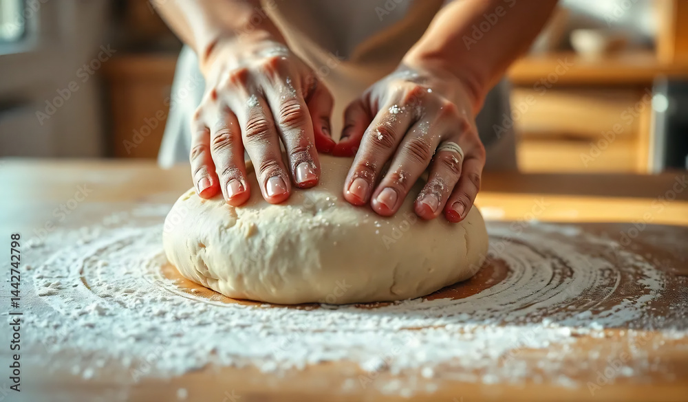 Hands Kneading Dough on a Floured Surface