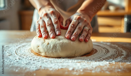 Obraz na płótnie Hands Kneading Dough on a Floured Surface w salonie