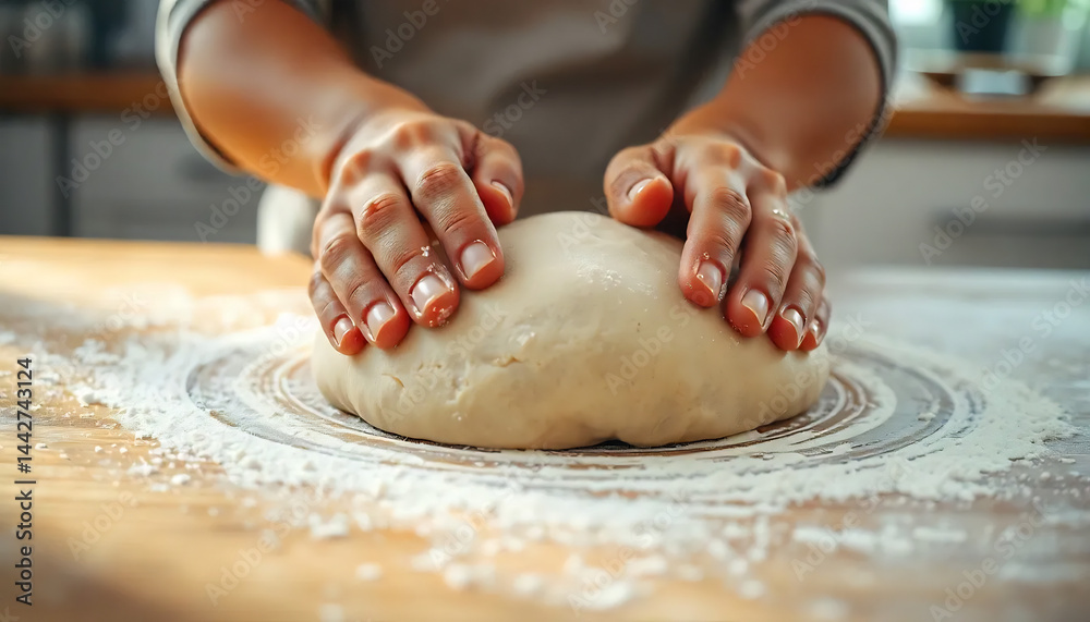 Hands Kneading Dough on a Floured Surface