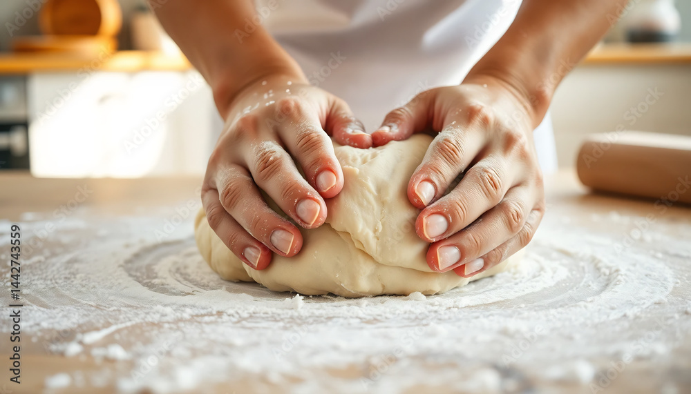 Hands Kneading Dough on a Floured Surface