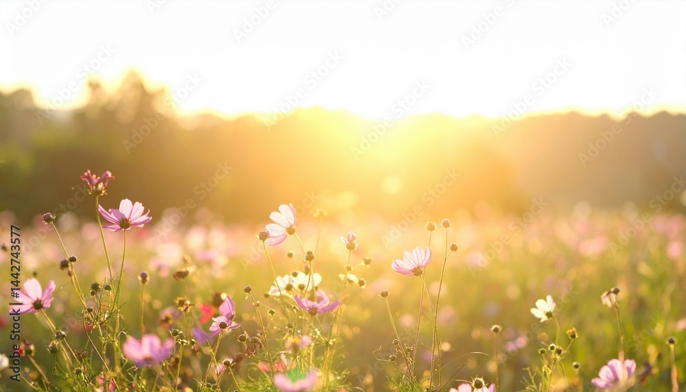 Obraz premium Sunrise over blooming wildflowers serene field nature photography peaceful environment close-up view tranquility and beauty