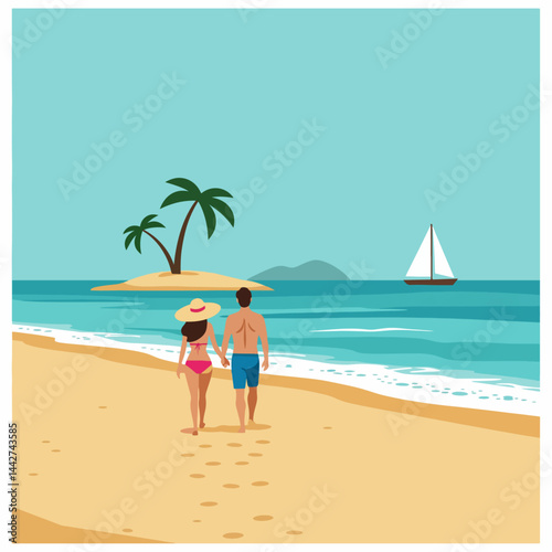 A couple, walks hand-in-hand on a sunny beach in a flat style illustration, enjoying their summer vacation holiday. The scene includes an island with palm trees, sailboats, and a blue sky with clouds 