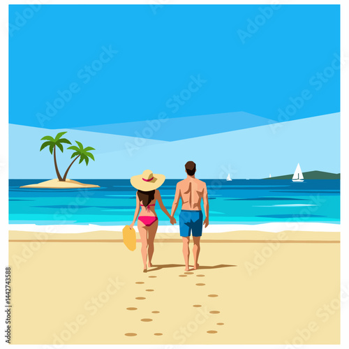 A couple, walks hand-in-hand on a sunny beach in a flat style illustration, enjoying their summer vacation holiday. The scene includes an island with palm trees, sailboats, and a blue sky with clouds 