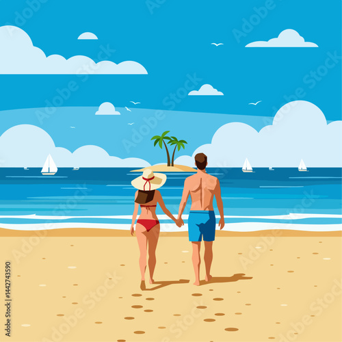 A couple, walks hand-in-hand on a sunny beach in a flat style illustration, enjoying their summer vacation holiday. The scene includes an island with palm trees, sailboats, and a blue sky with clouds 