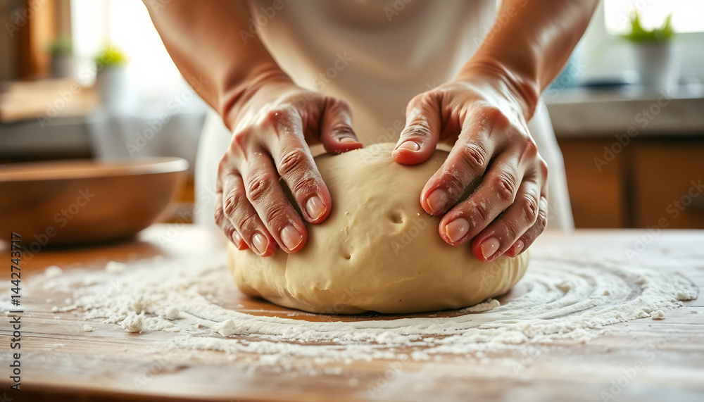 Hands Kneading Dough on a Floured Surface