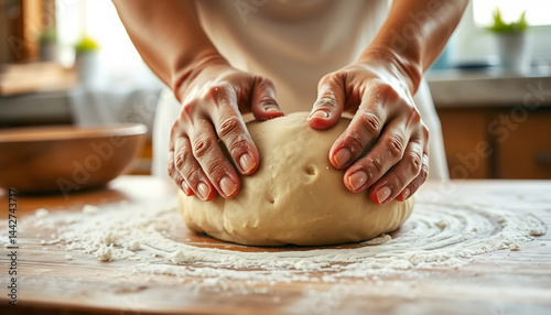 Obraz na płótnie Hands Kneading Dough on a Floured Surface w salonie
