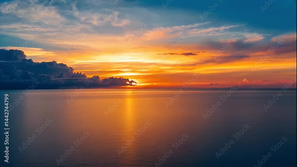 Vibrant Orange Sunset Over Calm Ocean Water Vibrant Orange Sunset Over Calm Ocean Water