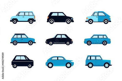 Nine car icons; side view; white background; transport illustration