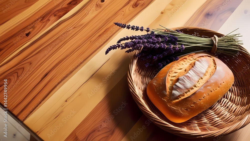 Freshly baked bread with lavender on a polished wooden table in a cozy kitchen setting