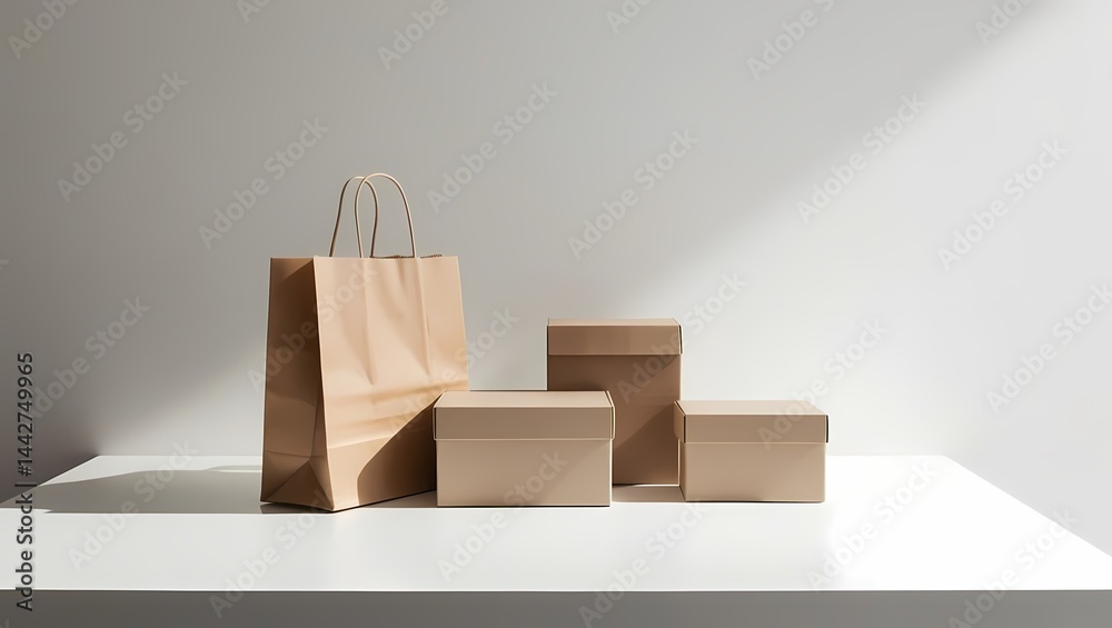Brown paper bags and boxes arranged on a clean white surface in a bright setting