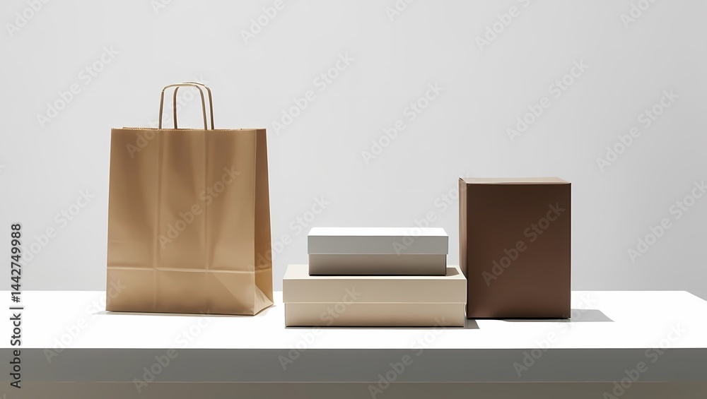 Presentation of assorted packaging on a minimalist table in a bright, modern setting