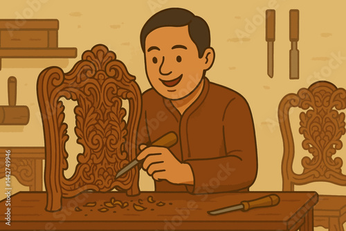 Flat vector of Jepara traditional woodcarver crafting intricate designs.