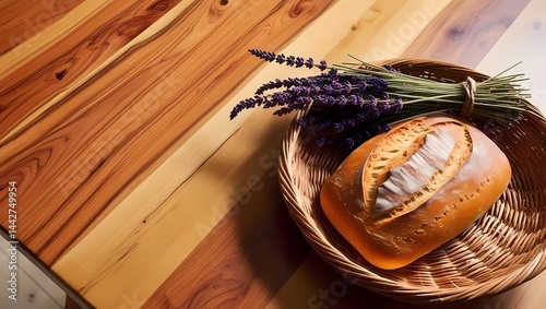 Freshly baked bread with lavender on a polished wooden table in a cozy kitchen setting