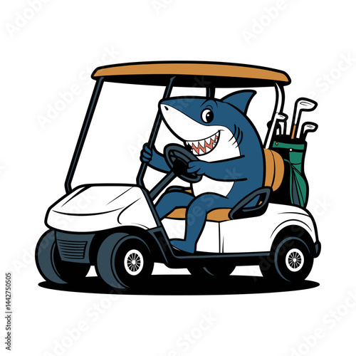 Funny Cartoon Shark Driving a Golf Cart with Clubs