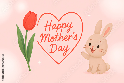 Adorable Mother's Day Illustration with Smiling Cartoon Bunny, Red Tulip, and Heart-Shaped Text on Soft Pink Background – Cute Holiday Art for Cards and Posters