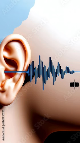 Human ear detecting sound wave, illustrating auditory perception, sound transmission, hearing mechanism against vibrant blue backdrop