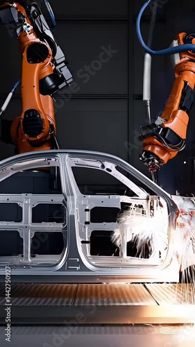 Two robotic arms are welding a car body in a modern automated factory, showcasing advanced manufacturing technology and industrial automation