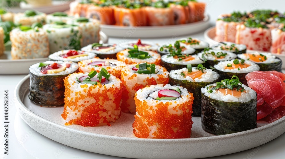 Side view of a vibrant sushi arranged in rows, showcasing an array of colorful rolls and nigiri adorned with fresh fish, avocado, and colorful ingredients Side view of a vibrant sushi arranged in rows, showcasing an array of colorful rolls and nigiri adorned with fresh fish, avocado, and colorful ingredients