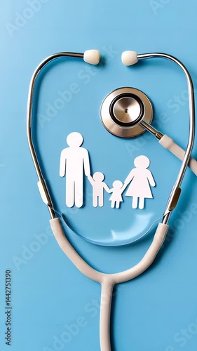 Medical stethoscope embracing paper silhouettes of mother, child representing family healthcare, pediatric wellness on bright blue surface