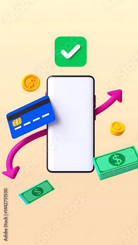Mobile transaction success, green checkmark verifying payment beside blue credit card, gold coins, green banknotes circling white smartphone against pale blue backdrop