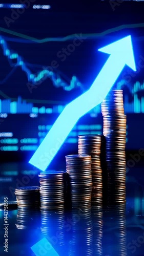 Golden percentage symbol atop gleaming coin stacks, rising blue financial graph highlighting investment growth, signaling increasing profitability and economic success