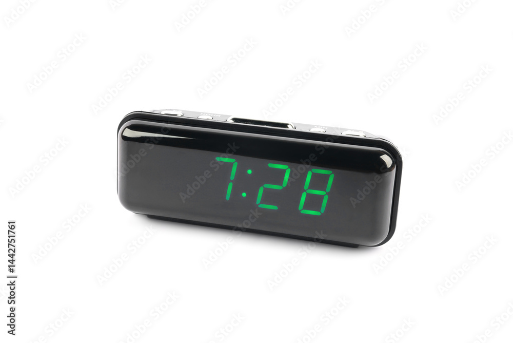Digital alarm clock showing 7:28 o'clock on white background