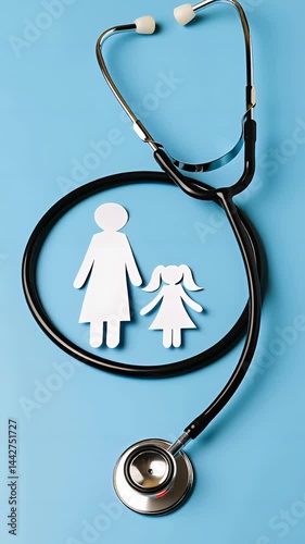 Medical stethoscope embracing paper silhouettes of mother, child representing family healthcare, pediatric wellness on bright blue surface