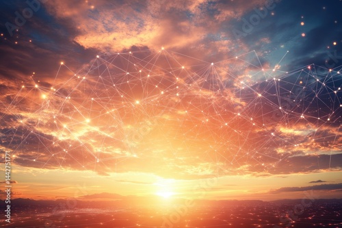 Fototapeta Naklejka Na Ścianę i Meble -  Sunset sky with network connections  Abstract digital lines and glowing points form a network pattern against a vibrant sunset  Low level view of city lights