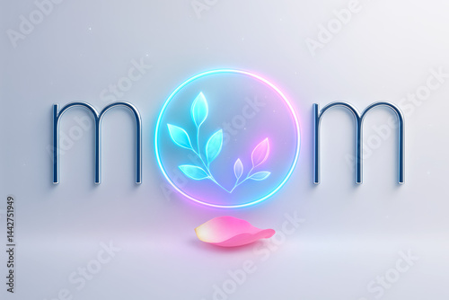Futuristic Neon Mother’s Day Typography with Glowing Floral 'O', Blue Metal Letters, and Pink Rose Petal on Soft Gradient Background – Elegant Sci-Fi Style Holiday Greeting
