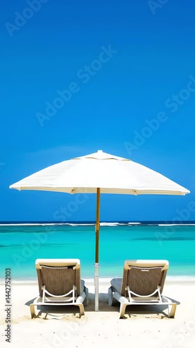 Two empty beach chairs sit beneath a beach umbrella on pristine white sand overlooking a breathtaking turquoise ocean under a clear blue sky, creating a perfect vacation getaway scene