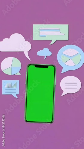 Digital smartphone displaying data visualization, surrounded by colorful paper cutouts representing charts, graphs, business analytics on bright blue backdrop