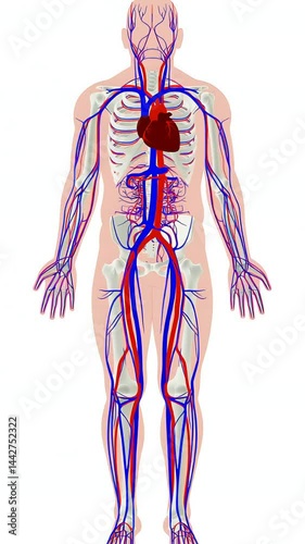Medical illustration showing human circulatory system with red arteries and blue veins, highlighting the heart and skeletal structure on white background
