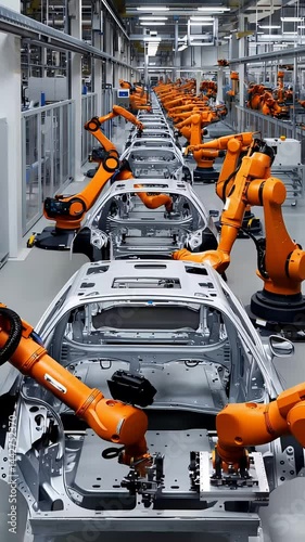 Robotic welding arms precisely joining automotive body frame sections, demonstrating advanced manufacturing precision within high-tech industrial production environment