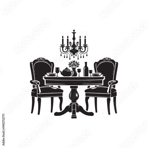 Dining Table Silhouette Vector Illustration, Solid White Background.