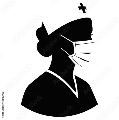International Nurses Day Icon – Silhouette of Female Nurse Wearing Mask