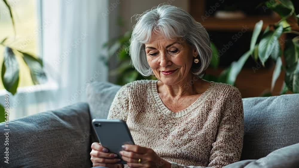 Happy Senior Woman Enjoying Using Tablet at Home, Technology for Seniors Happy Senior Woman Enjoying Using Tablet at Home, Technology for Seniors
