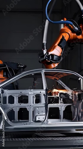 Robotic welding arms precisely joining automotive body frame sections, demonstrating advanced manufacturing precision within high-tech industrial production environment