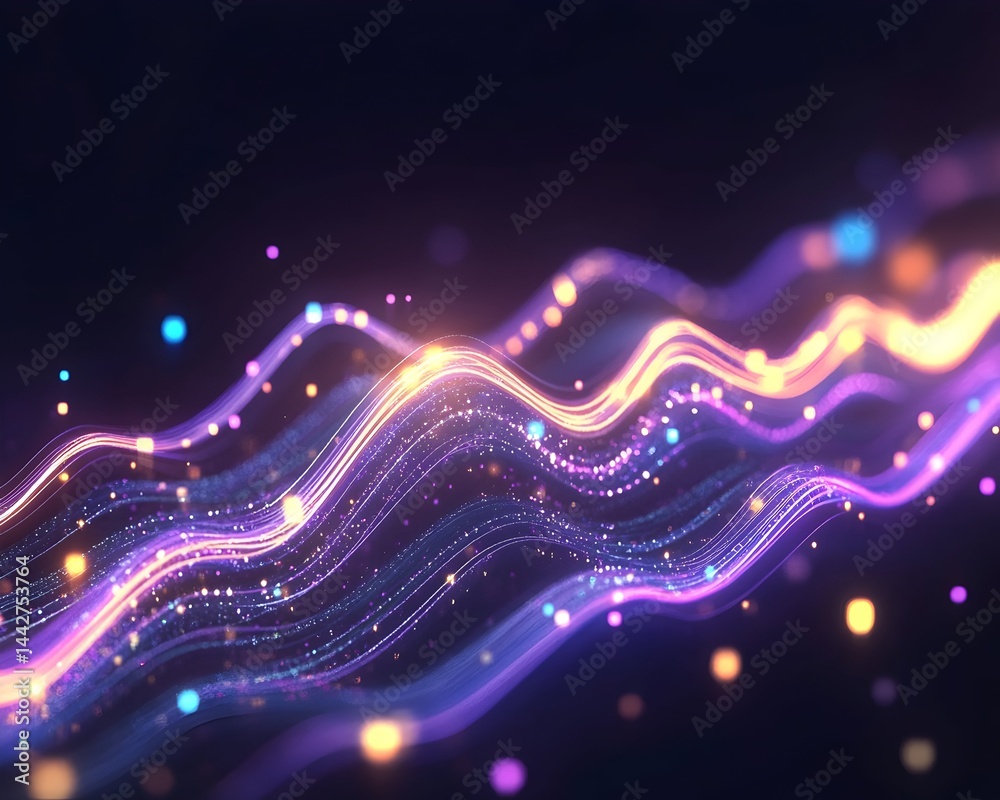 Obraz premium Glowing, wavy lines of light and particles flow across a dark background, creating a dynamic and vibrant abstract composition