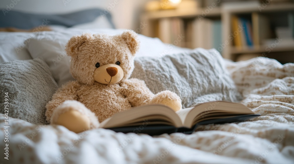 Cozy Bedroom Scene with Teddy Bear and Open Book on Soft Bedding Cozy Bedroom Scene with Teddy Bear and Open Book on Soft Bedding