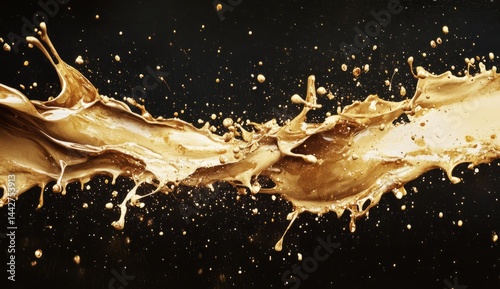 Golden Liquid Splashing in Dynamic Motion on Black Background