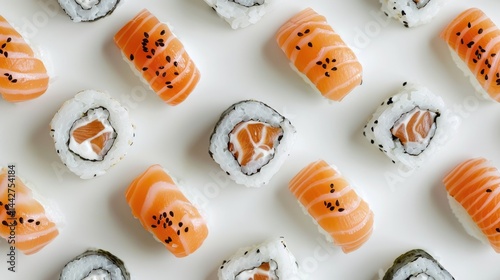 Overhead view of a vibrant sushi platter arranged, showcasing an array of colorful rolls and nigiri adorned with fresh fish, avocado, and colorful ingredients