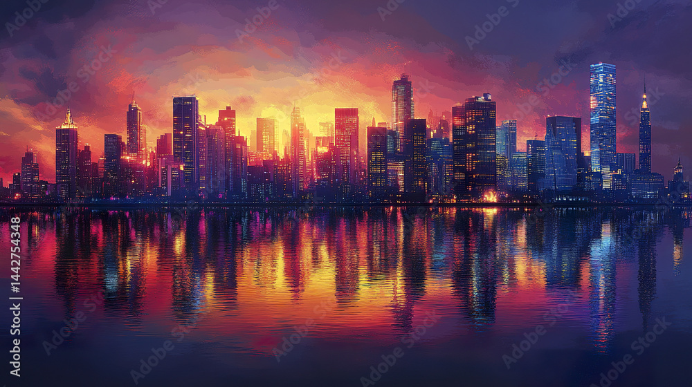 Fototapeta premium vibrant city skyline at sunset, reflecting colorful lights on water surface